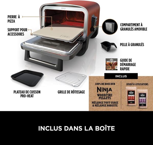 Ninja Woodfire Four à pizza extérieur électrique 8-en-1, rotissoire & fumoir barbecue avec grille, plaque pro-heat, pierre à pizza, granulés de bois et pelle, 6 réglages, orange foncé OO101EU