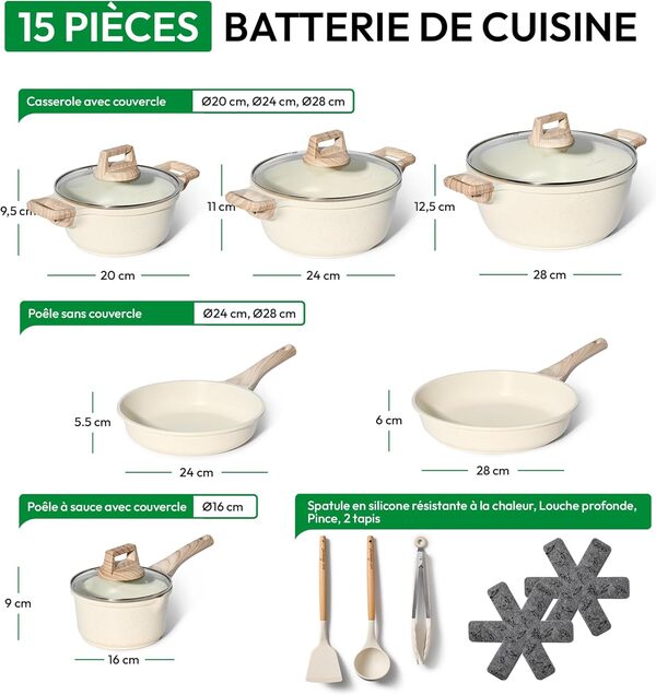 JUST PERFECTO Batterie de cuisine induction - set de casseroles tout feux avec couvercle en verre - lot avec des poêles anti adhesive, sans PFOA et PTFE (15 Pièces Biege)