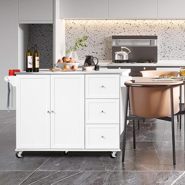 COSTWAY Desserte de Cuisine sur roulettes, Îlot Central Cuisine Plateau en Acier Inoxydable, avec 3 Tiroirs, Armoire à 2 Portes, Etagères Réglables, Porte-Serviettes et Support à Épices, Blanc