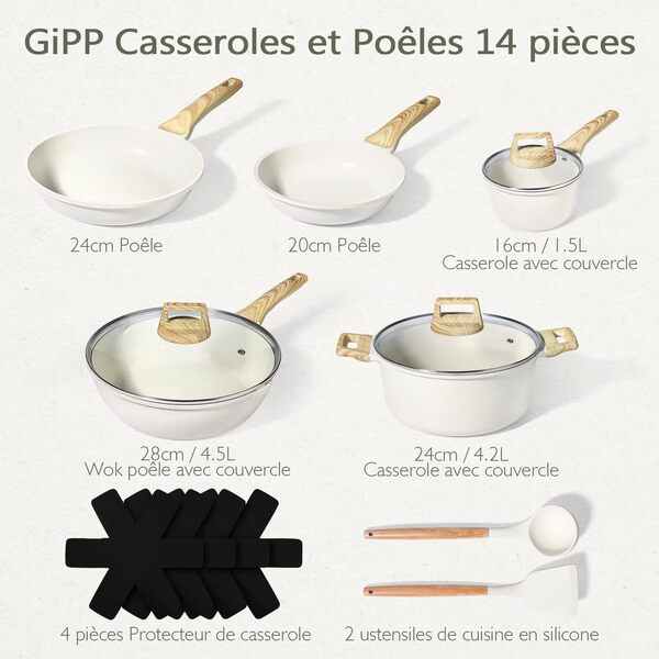 GiPP Lot de 14 casseroles et poêles en granit avec revêtement anti-adhésif, poêles de 20 + 24 + 28 cm, casseroles de 16 + 24 cm, set de casseroles à induction avec spatule et cuillère, pour tous types