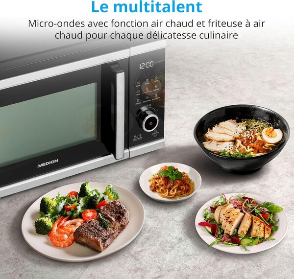 MEDION Micro-onde avec air fryer (Friteuse sans huile à air chaud integrée, 25L, 900W, 1500 W air chaud, 10 programmes automatiques, 10 niveaux de puissance, mode décongeler, MD11499) noir