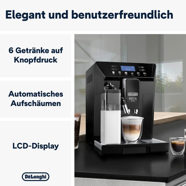 De'Longhi Eletta Evo Machine a Café Grain ECAM46.860.B, Machine Expresso et Cappuccino, Ecran LCD Tactile, Noir [Classe énergétique A]