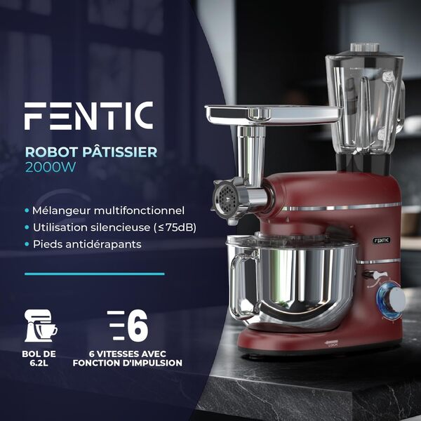 Fentic 6 en 1 Robot Pâtissier – 2000W - Av. Hachoir à Viande, Mixeur 1,5L, Cutter, Accessoires – Robot Cuisine Multifonctions Av. 6,2L Bol Mélangeur, Fouet, Crochet Pétrisseur, Batteur (Rouge)