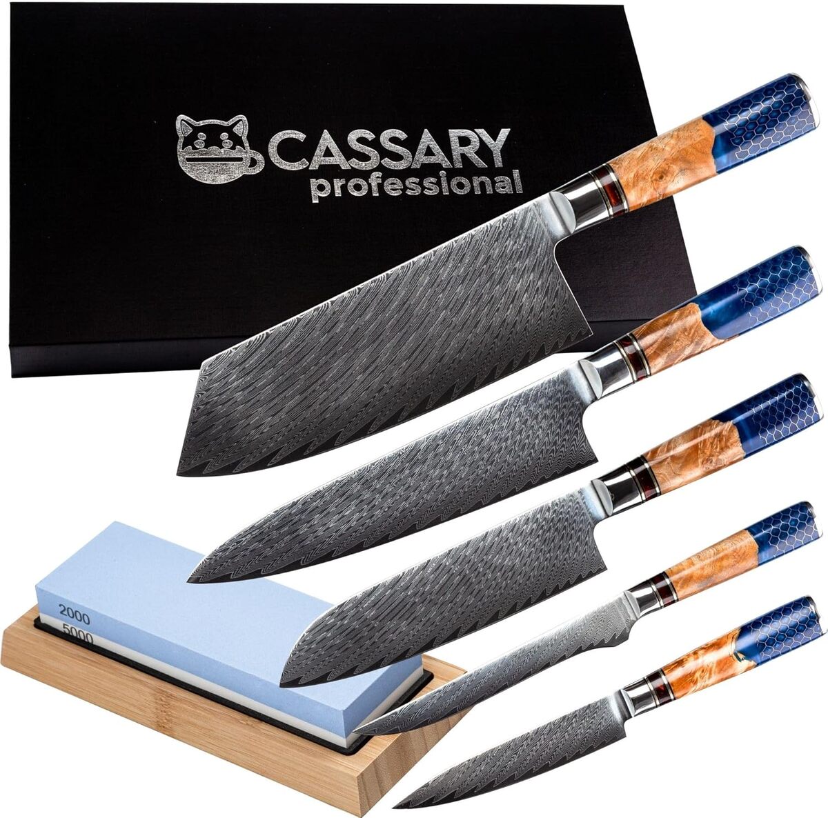 Test : set de couteaux en acier damas avec pierre à aiguiser japonaise