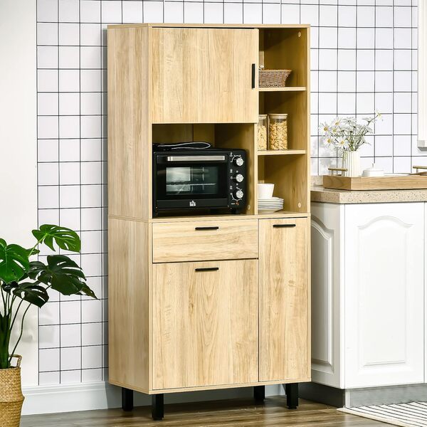 HOMCOM Buffet de Cuisine Armoire de Cuisine Multi-rangements avec Un tiroir, 3 placards, 4 niches et Passe-câbles Hauteur 166 cm