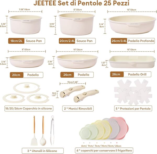 JEETEE Batterie de Cuisine Antiadhésive 25 Pcs, Sets de Poêles et Casseroles avec Poignée Amovible, Ensemble de Cuisine pour Camping-car, Empilable, Passe au Four, Sans PFAS/PFOA, Beige