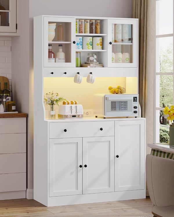 Meuble Buffet Cuisine avec LED et Multiprise, Armoire Cuisine avec Plan de Travail, 4 Compartiments Fermés, Tiroir avec Séparateurs Ajustables, 4 Crochets, Étagères Réglables, 103,5x40x180 cm, Blanc