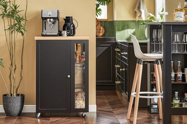 SoBuy desserte Cuisine avec roulettes et étagère latérale – Meuble de Cuisine Noir avec Porte Unique – Chariot de Service pour Rangement Cuisine et Plan de Travail Compact, 60x92x45cm FKW75-SCH