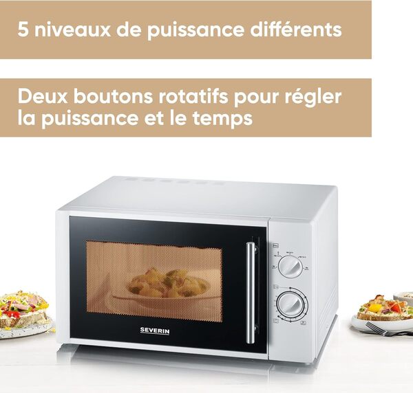 SEVERIN Four à micro-ondes 28 L, - 900 W pour décongeler, chauffer et réchauffer, - avec 5 niveaux de puissance, Minuteur 35 min, Plateau tournant (Ø 31,5 cm), Argent, MW 7772