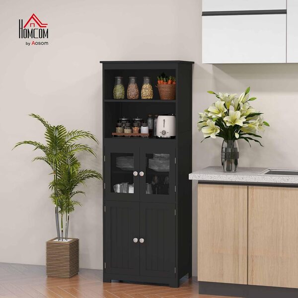 HOMCOM Armoire de Cuisine Buffet Cuisine vaisselier Meuble de Rangement avec 2 niches, 2 placards avec 4 Portes Dont 2 Portes vitrées, étagère réglable - dim. 60I x 30P x 162H cm Noir