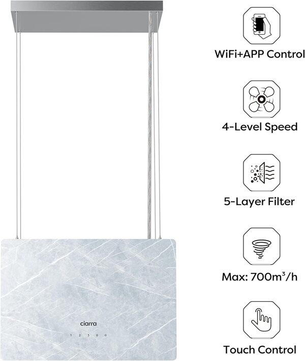 Ciarra A+++ Hotte Aspirante Ilôt 700 m³/h - 3 Vitesses et Fonction Boost - Commande Tactile & Wi-Fi - Verre Dépoli Marbré - 48 cm– CBCW4850 [Classe énergétique A+++]