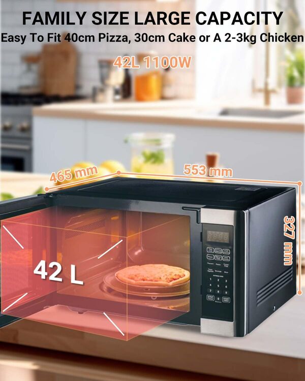 SMETA Four à Micro-ondes 42L, Micro-ondes Grill 2 en 1, Micro-ondes 1100W, Gril 1400W, 11 Niveaux de Puissance/6 Menus Préréglés/Minuteries/Easy Defrost/Sécurité Enfant, Contrôle Numérique Noir/Silver