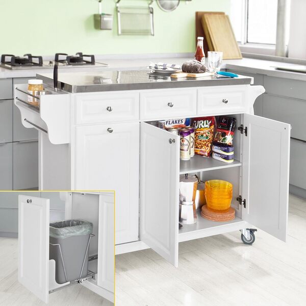 SoBuy Desserte de Cuisine à roulettes Îlot Central avec Plan de Travail en Acier Inoxydable, 3 Tiroirs et Étagères Réglables, Chariot Mobile pour Cuisine ou Salle à Manger 133 x 48.5 x 95 cm FKW33-W