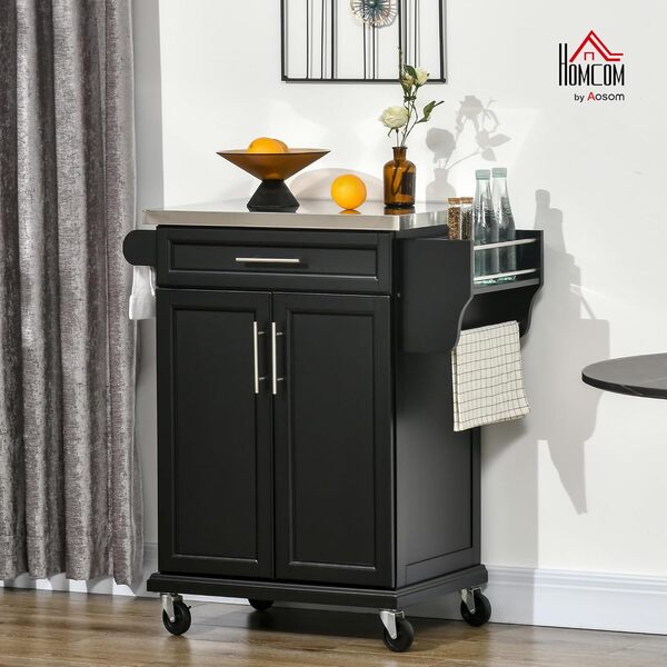 HOMCOM Dessert Cuisine desserte à roulettes îlot Central Cuisine avec Plateau en Acier INOX, étagère réglable, tiroir, Porte-épices, Porte-Couteaux et Porte-Serviettes, 83,5 x 45,7 x 90,5 cm, Noir