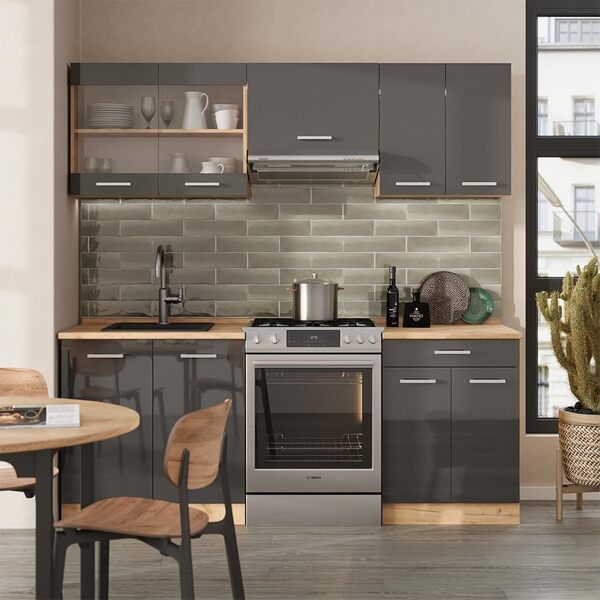 Vicco Cuisine R-Line, Anthracite Brillant/Chêne doré, 200 cm sans Plan de Travail