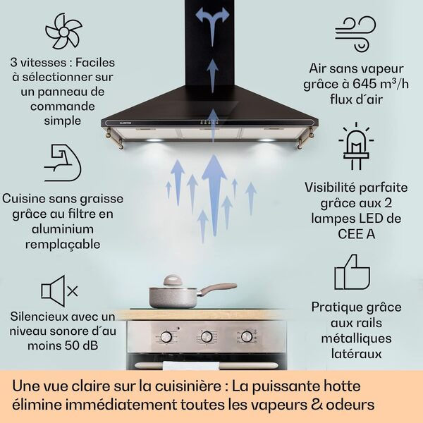 Klarstein Hotte Aspirante 90 cm, Hottes de Cuisine avec Filtre de Hotte en Aluminium, Débit d'Air Puissant de 645m³/h, Eclairage LED, Extracteur d'Air Silencieux, Hotte Efficace avec Evacuation [Classe énergétique C]