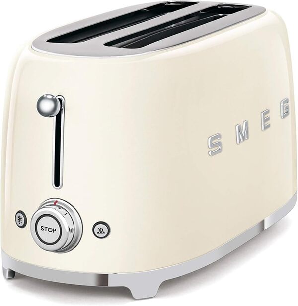 Smeg, Grille-pain 4 Tranches TSF02CREU, 2 Fentes 36 mm, 6 Niveaux de Brunissage, Fonction Chauffage, Décongélation et Bagel, Éjection Automatique du Pain, Ramasse Miettes, 1500 W, Crème