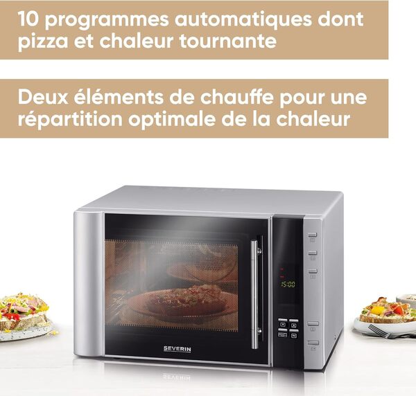 SEVERIN Four à micro-ondes 30 L, 2 500 W, avec fonction gril et chaleur tournante, avec 5 niveaux de puissance, 10 programmes automatiques, Inox/Noir, MW 7775