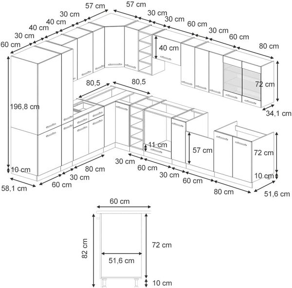 Vicco Cuisine en Angle Fame-Line, Bleu foncé Brillant/chêne doré, 257 x 60 cm sans Plan de Travail