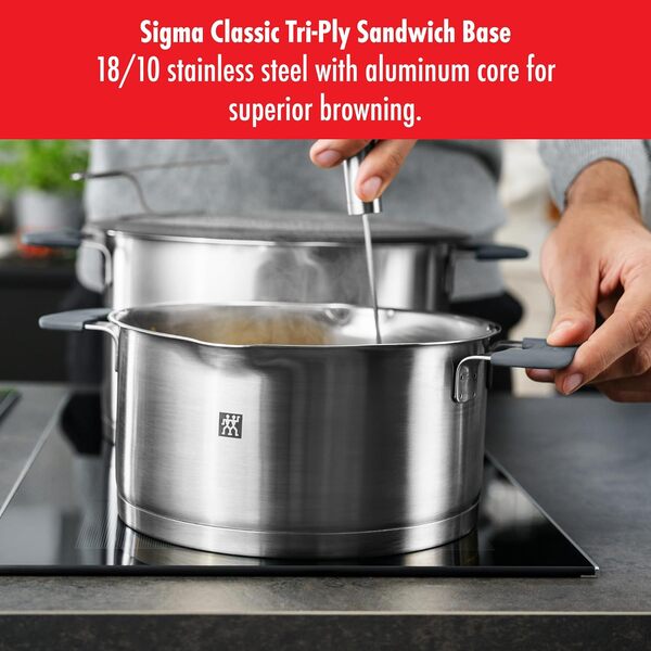 ZWILLING Set de casseroles Simplify en acier inoxydable, 5 pièces, avec tamis intégré dans le couvercle, adapté à l'induction, noir argenté