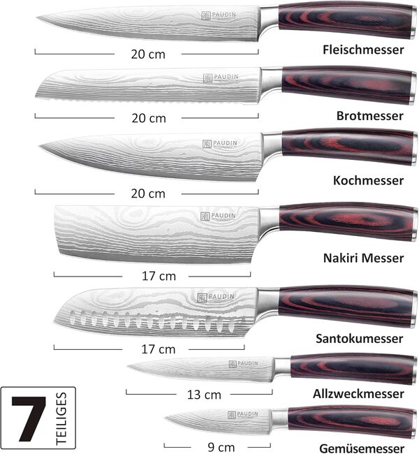 PAUDIN Set Couteau Cuisine Professionnel 7 Pièces, Couteau Japonais Viande Tranchant, Ensemble Couteauxde Chef Santoku Universel Fruit Pain, Acier Inoxydable Allemand, Manche en Bois