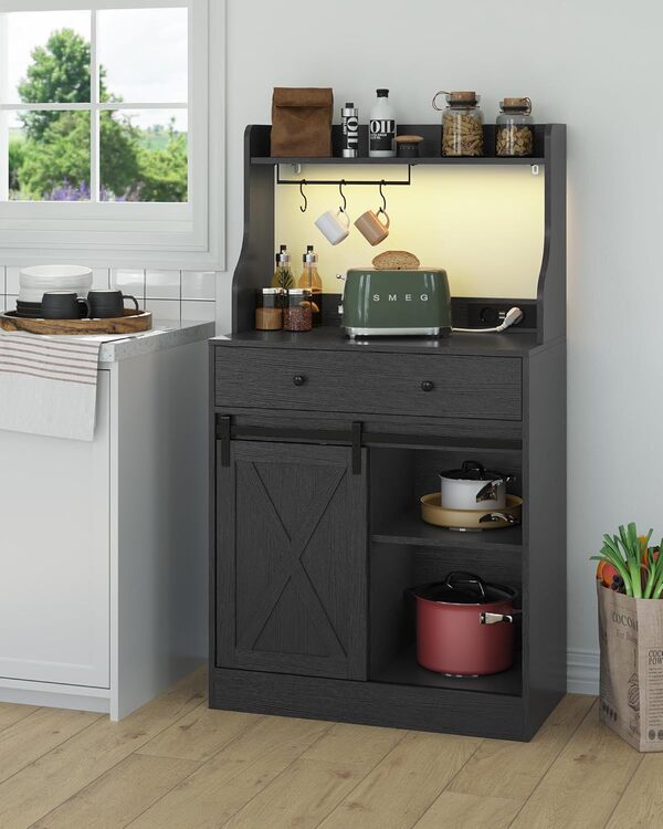 KIMENICH Meuble de Rangement Cuisine, Buffet avec LED et Multiprise, Plan de Travail, Grand Tiroir, Étagères Réglables, 3 Crochets, Armoire de Rangement pour Cuisine, Salon, Salle à Manger, Noir