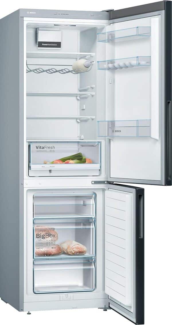 Bosch KGV36VBEAS, Série 4, Réfrigérateur congélateur, Pose libre, 186 x 60 cm, 214 L / 94 L, Noir [Classe énergétique E]