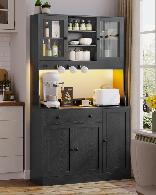 Meuble Buffet Cuisine avec LED et Multiprise, Armoire Cuisine avec Plan de Travail, 4 Compartiments Fermés, Tiroir avec Séparateurs Ajustables, 4 Crochets, Étagères Réglables, 103,5x40x180 cm, Noir