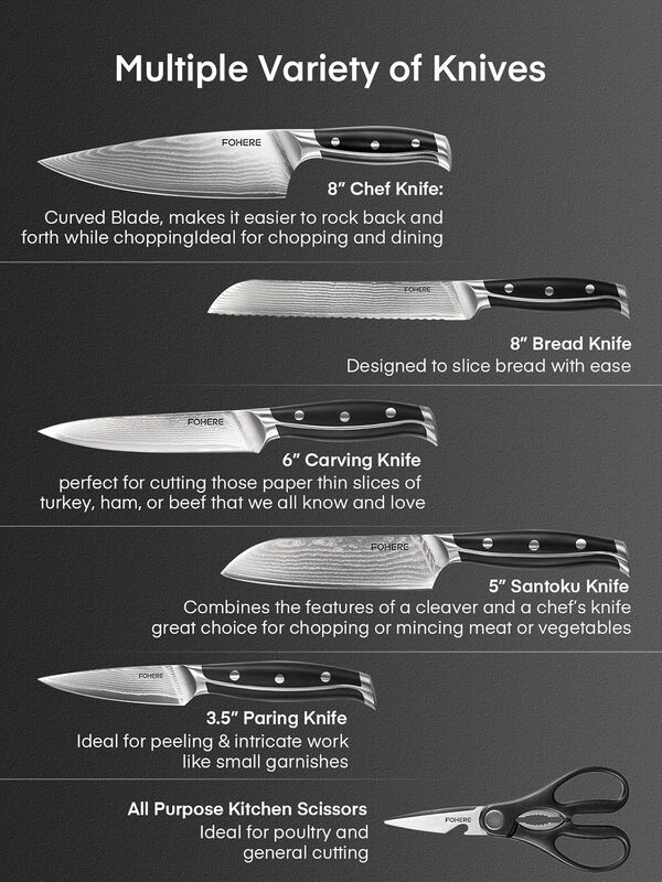 Couteau Cuisine, FOHERE 7 Pièces Set Couteau Cuisine, Couteaux Japonais en Acier Damas 67 Couches, Bloc Couteaux Cuisine Professionnelle, Bloc de Bois, Noir