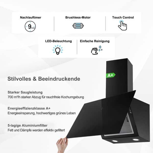 SNDOAS Hotte Aspirante 60cm, Hotte Cuisine 700 m³/h Puissance d'aspiration élevée, Commande Tactile, Arrêt Retardé (1-9 minutes), Evacuation ou Recyclage, Noire [Classe énergétique A+]
