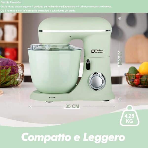 Kitchen in the box Robot Pâtissier, 4.5L+5L 2Bols Robots de Cuisine, 10 Vitesses Batteur Electrique Cuisine, 1300W Pétrin Professionnel avec Fouet, Batteur, Crochet (Vert)