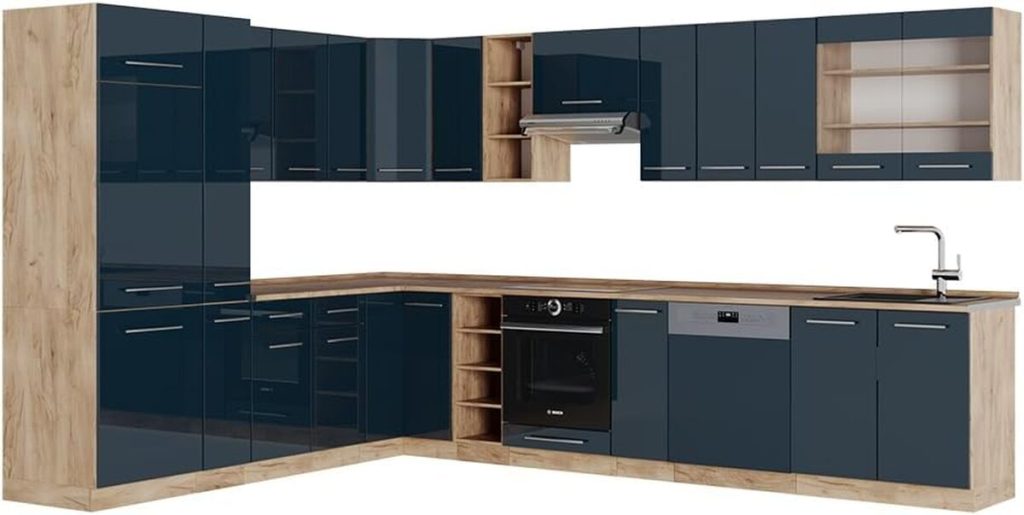 Test : cuisine en angle Vicco Fame-Line, bleu foncé/chêne doré