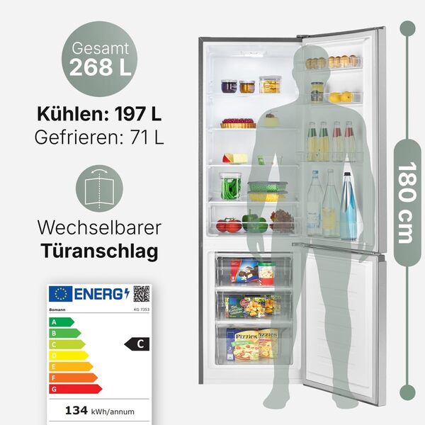 Bomann, Réfrigérateur-congélateur indépendant, 55 cm de large, 268 L, Eclairage LED, KG7353, Inox [Classe énergétique C]