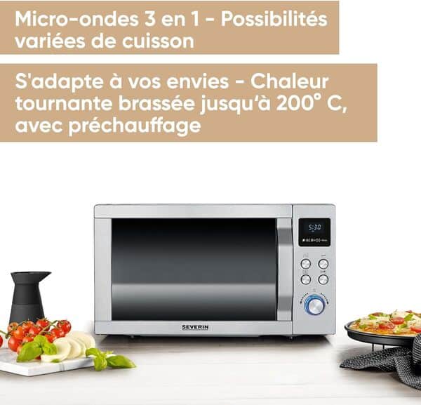 SEVERIN Four à micro-ondes 25 L, 1 950 W, Four micro-onde avec fonction gril et chaleur tournante brassée, Micro-onde avec 10 niveaux de puissance, Plateau à pizza amovible ( ? 28 cm), Inox,MW 7774