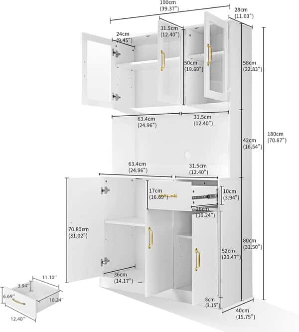 VOWNER Buffet de Cuisine Armoire, Meuble Cuisine, Buffet Salon, Vaisselier, 100 x 40 x 181 cm, Vitrine Multi-Rangement 3 Portes Verre, 4 Étagères, MDF (Blanc)