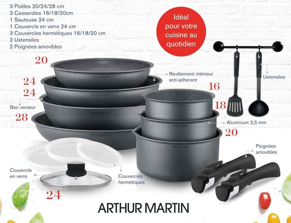Arthur Martin AM133GM Batterie de cuisine 15 pièces poignée amovible Poêles avec revêtement anti adhérent Casserole avec bec verseur tous feux dont induction