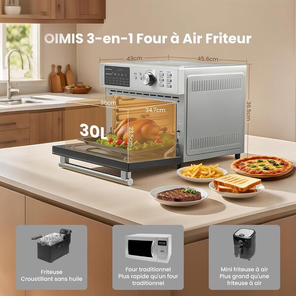 OIMIS Inox Air Fryer xxl 30L, 1800W Friteuse Sans Huile, 21 in 1 Petit Four a Pizza Electrique avec 7 Accessoires, Grande Capacité, Livre Recette, Grill, Dual Cook, Argenté