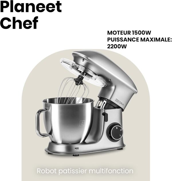 ZEEGMA Planeet Chef robot pâtissier multifonctions 2200W, machine à pétrir cuisine à pâte avec bol en acier inoxydable de 6,5 L, 7 vitesses, pétrin à pâte avec set de pâtisserie 3 pièces (Grey)