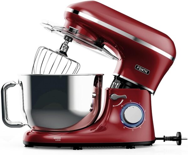 Fentic Robot Pâtissier – 2000W – Bol mélangeur en acier inoxydable (6,2L) – Avec fouet, Crochet pétrisseur et Batteur plat – Incl. et accessoires supplémentaires (Rouge)