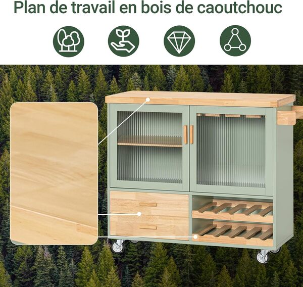 SoBuy Desserte à roulettes Cuisine Meuble de Cuisine avec Plan de Travail en Bois Îlot Central Cuisine pour Salle à Manger Meuble Cuisine Rangement Vert et Naturel 109 × 40 × 92cm FKW114-GR