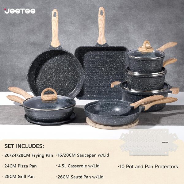 JEETEE Batterie de Cuisine 23 Pcs, Granit-Antiadhésif Sets de Poêles et Casseroles, Parfait comme cadeau pour une nouvelle maison, Convient à Tous les Fourneau, Sans PFOA/PFOS, Gris