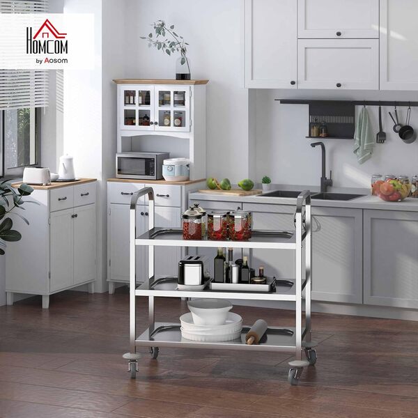 HOMCOM Chariot de Service desserte de Cuisine à roulettes 3 étagères 90,5L x 50,5l x 88,2H cm Acier INOX. chromé