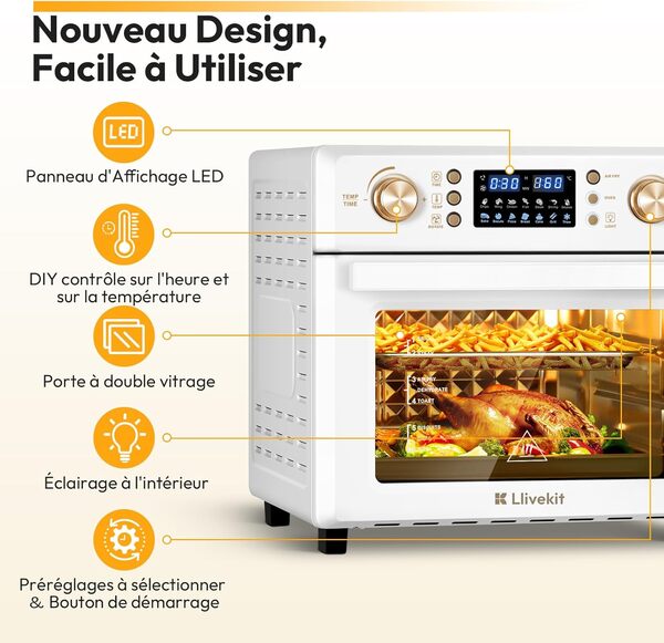 LLIVEKIT 26L Friteuse sans Huile, Mini Four Friteuse à Air Chaud à 360°, 14 in 1 Air Fryer, Cuisson plus Saine et Rapide à Faible Graisse, 7 Accessoires, 1700W, Blanc Crème