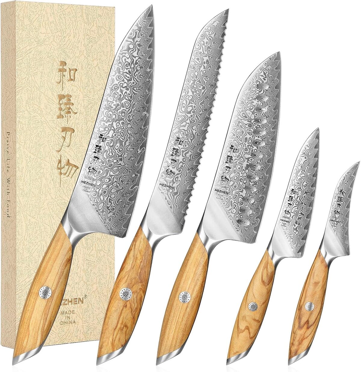 Test du set de couteaux HEZHEN Damas 5 pièces : manche en bois d'olivier