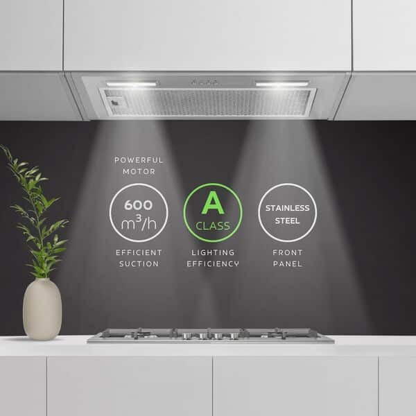 Turbionaire Selena 50 TSL50S - Hotte encastrable en acier inoxydable de 52 cm, hotte aspirante 614 m³ / h, 3 vitesses, éclairage LED 3200 K, filtre à graisse en acier inoxydable [Classe énergétique B]