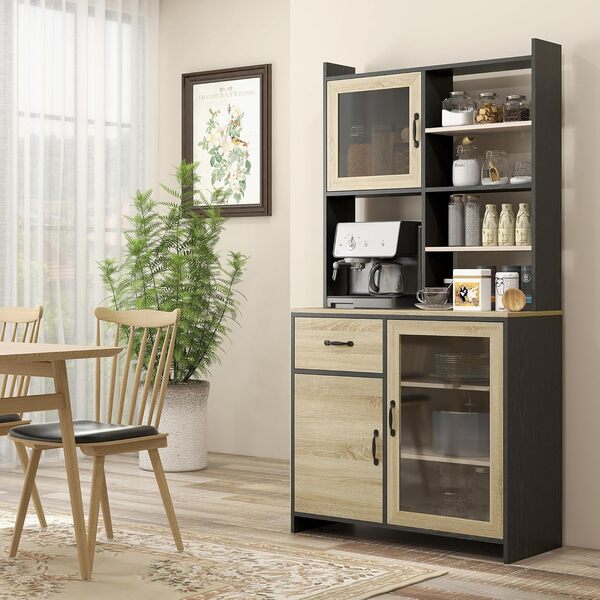 HOMCOM Armoire de Cuisine Buffet Cuisine Meuble de Rangement avec 1 tiroir 3 placards étagères 2 Portes vitrées - 90 x 39 x 177 cm Noir Naturel
