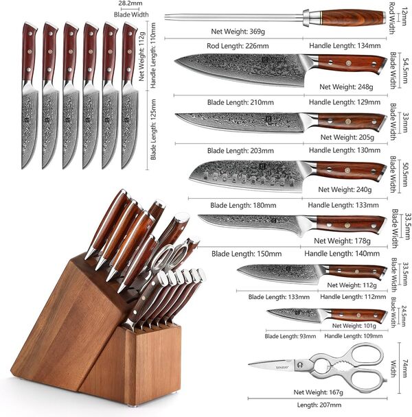 XINZUO Acier Damas 15 Pièces Set Bloc de Couteaux- Fusil à Aiguiser Acier et Ciseaux de Cuisine, Professionnel Forgé Couteau de Chef Santoku Trancher Désosser Universel Paring et 6 Couteaux à Steak