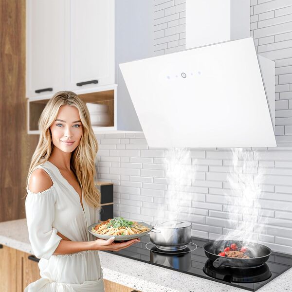 FIREGAS Hotte aspirante 60 cm, sans tête, hotte d'échappement/recirculation, flux d'air 524 m³/h, contrôle tactile, 9 niveaux, moteur DC sans balais avec 2 filtres à charbon, hotte avant en verre [Classe énergétique A++]