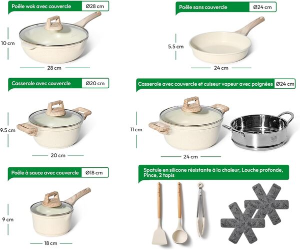 JUST PERFECTO Batterie de cuisine induction Set de casseroles avec couvercle - Casserole tout feux - poele anti adhesive - poele sans PFOA et sans PTFE - lot avec des poêles (13 pcs Biege)