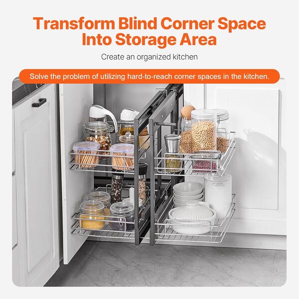 VEVOR Organisateur Coulissant d'Angle à Ouverture Minimum 380 cm de Largeur, Rangement pour Placard de Cuisine à 2 Niveaux et 4 Étagères, Panier de Rangement en Acier au Carbone Chromé, 60,5x45,5 cm